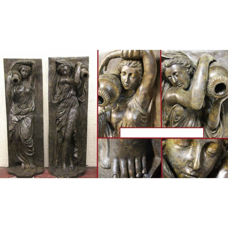 Canonbury Antiques Pair XL Bronze Fountains - Italian Maiden Statues Garden Plaques