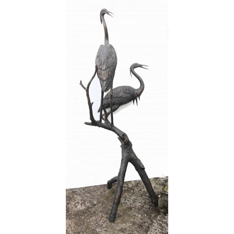 Canonbury Antiques Pair XL Japanese Bronze Cranes Garden Fountain Bird Statue Heron