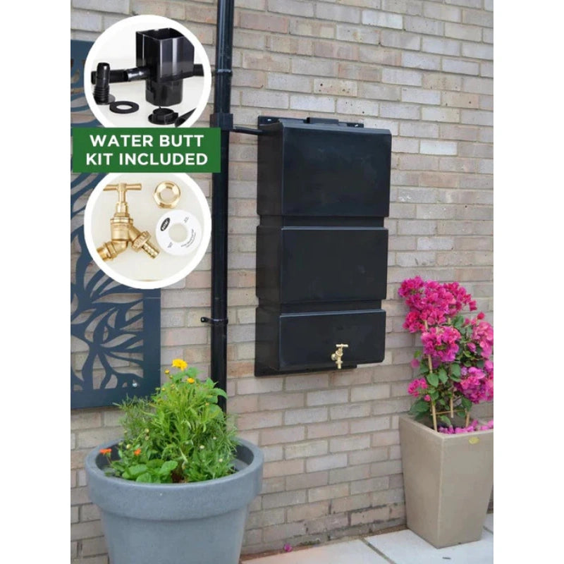 100 Litre Wall Mounted Water Butt with Tap & Diverter - Black