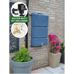 100 Litre Wall Mounted Water Butt with Tap & Diverter - Blue Stone