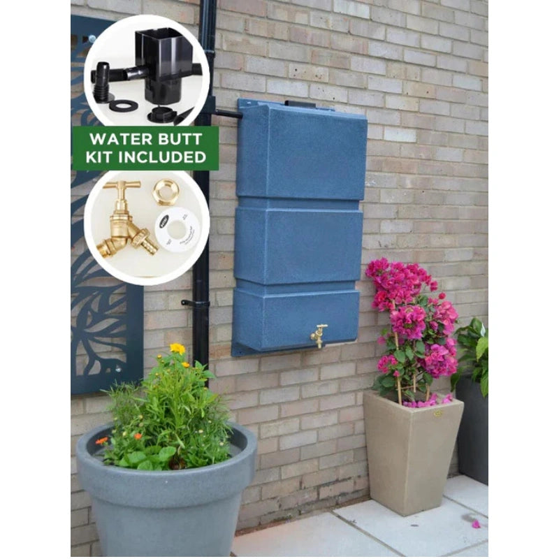 100 Litre Wall Mounted Water Butt with Tap & Diverter - Blue Stone