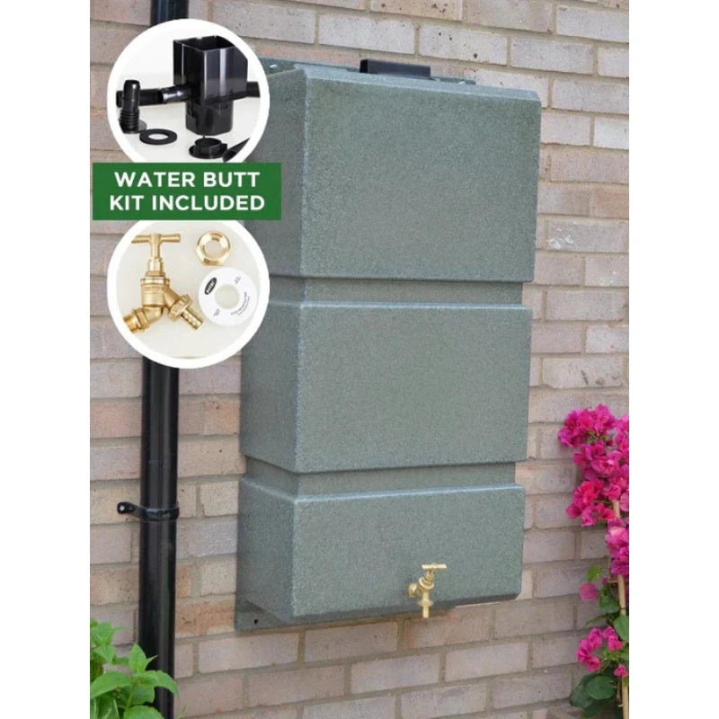 100 Litre Wall Mounted Water Butt with Tap & Diverter - Green Marble