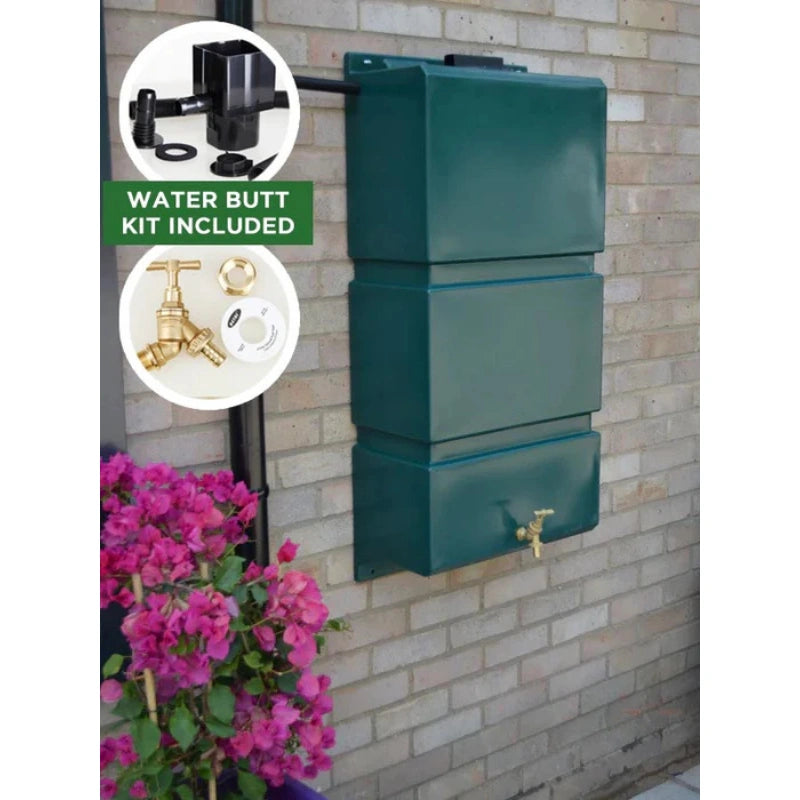 100 Litre Wall Mounted Water Butt with Tap & Diverter - Green
