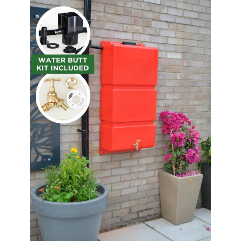100 Litre Wall Mounted Water Butt with Tap & Diverter - Red