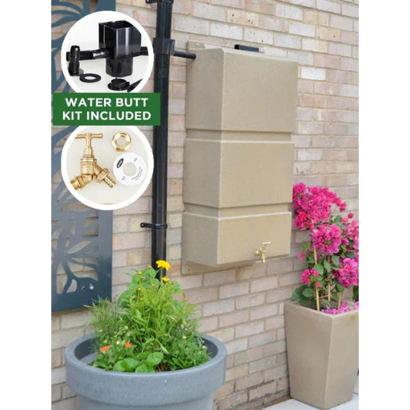 100 Litre Wall Mounted Water Butt with Tap & Diverter - Sandstone