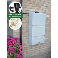 100 Litre Wall Mounted Water Butt with Tap & Diverter - White Marble