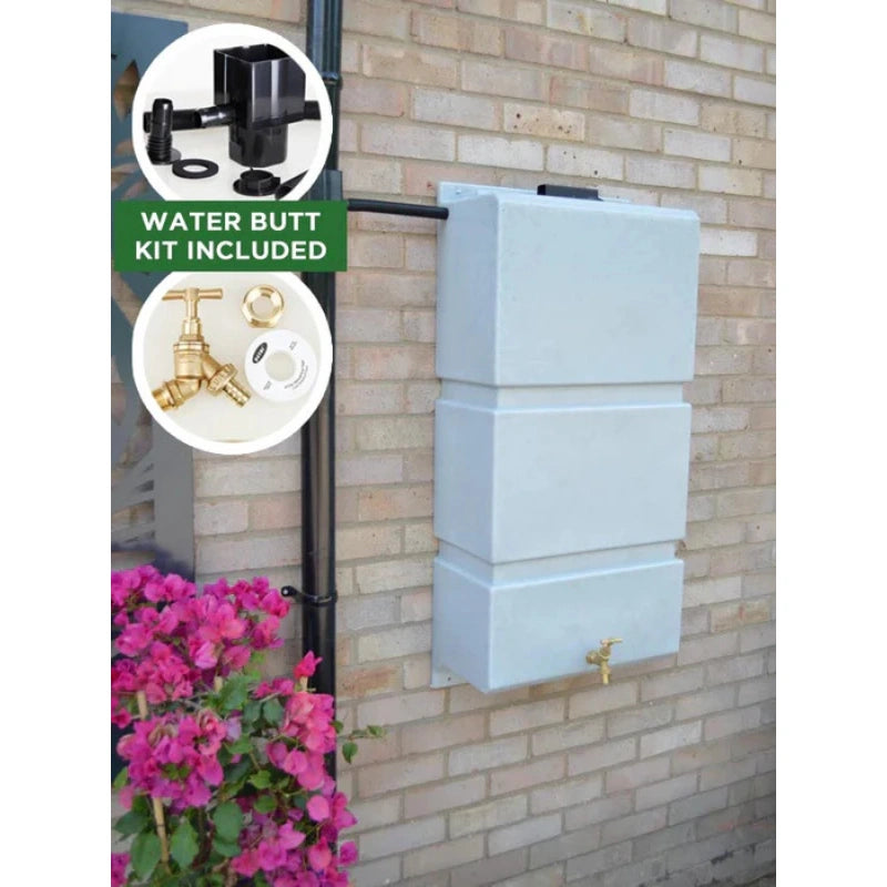 100 Litre Wall Mounted Water Butt with Tap & Diverter - White Marble