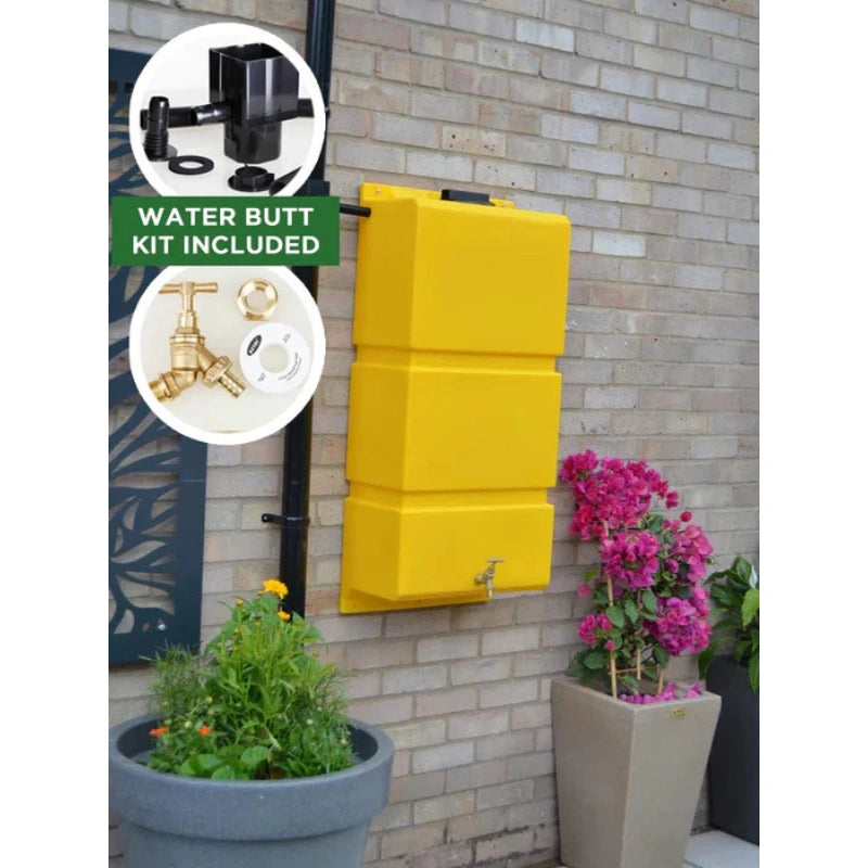 100 Litre Wall Mounted Water Butt with Tap & Diverter - Yellow