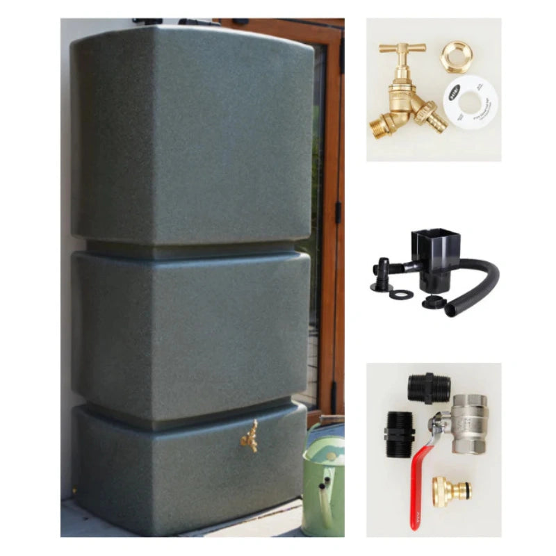 825 Litre Water Butt Kit Green Marble - C/W Tap Kit, Diverter & Shut Off Valve