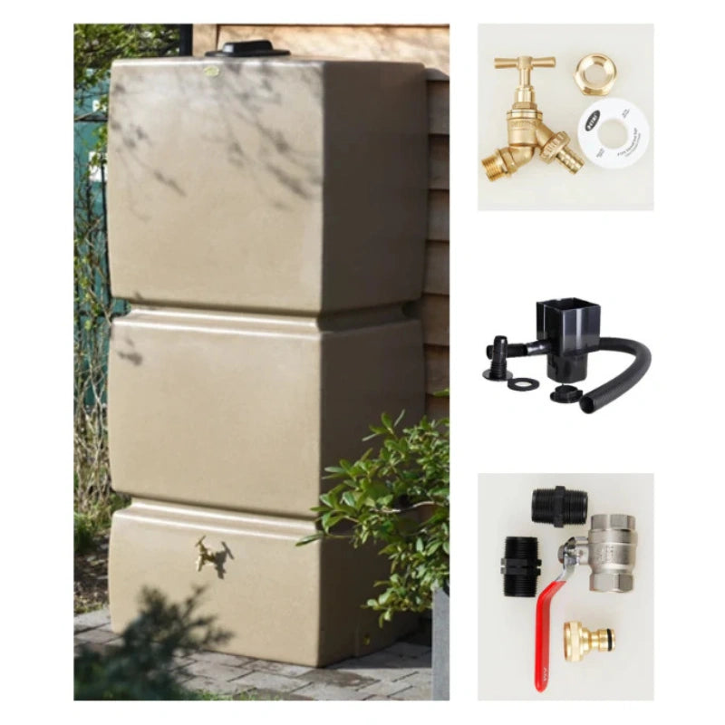 825 Litre Water Butt Kit Sandstone - C/W Tap Kit, Diverter & Shut Off Valve