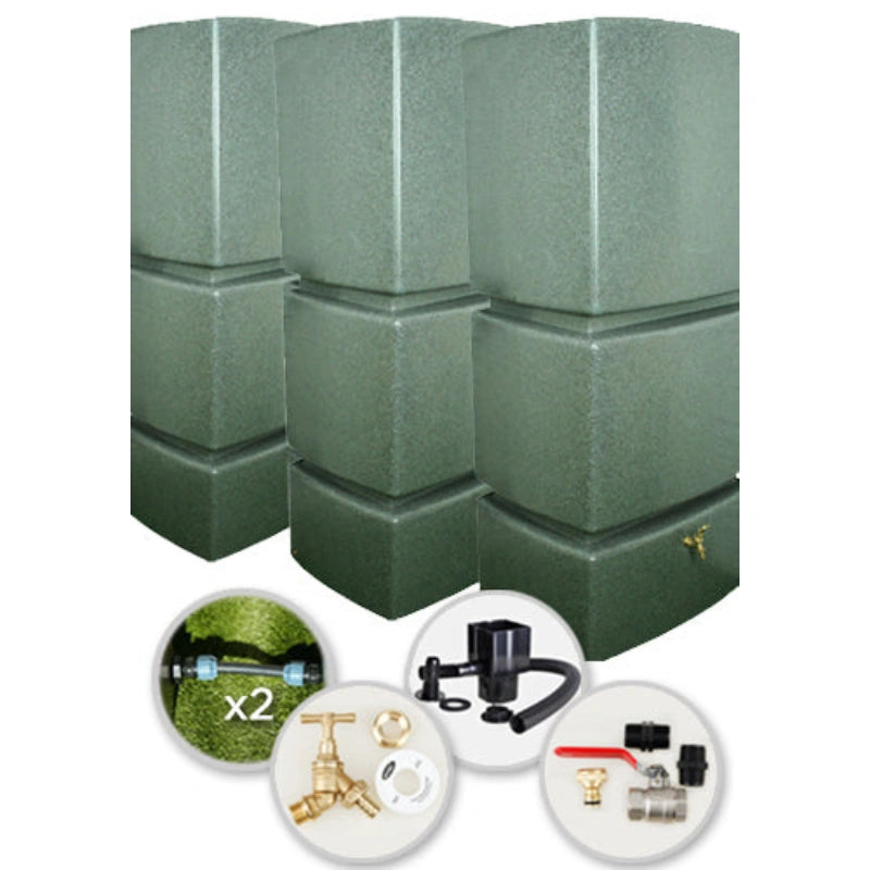 825 Litre Water Butt Triple Pack Linked - Green Marble
