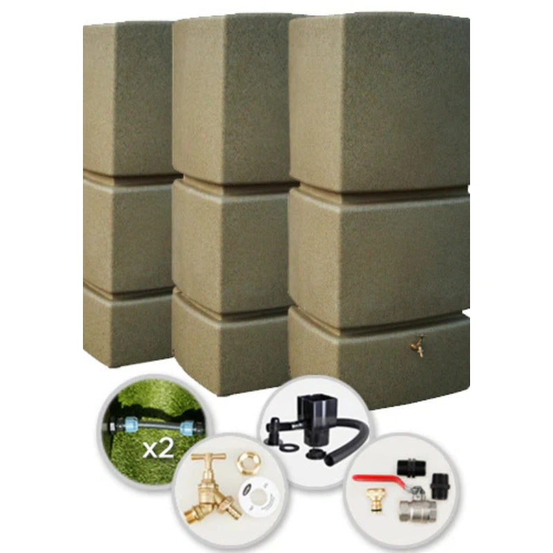 825 Litre Water Butt Triple Pack Linked - Sandstone