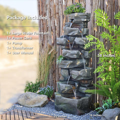 Sunlinua 58Inch Outdoor Garden Water Fountain 6 Tiers Large Cascading Rock